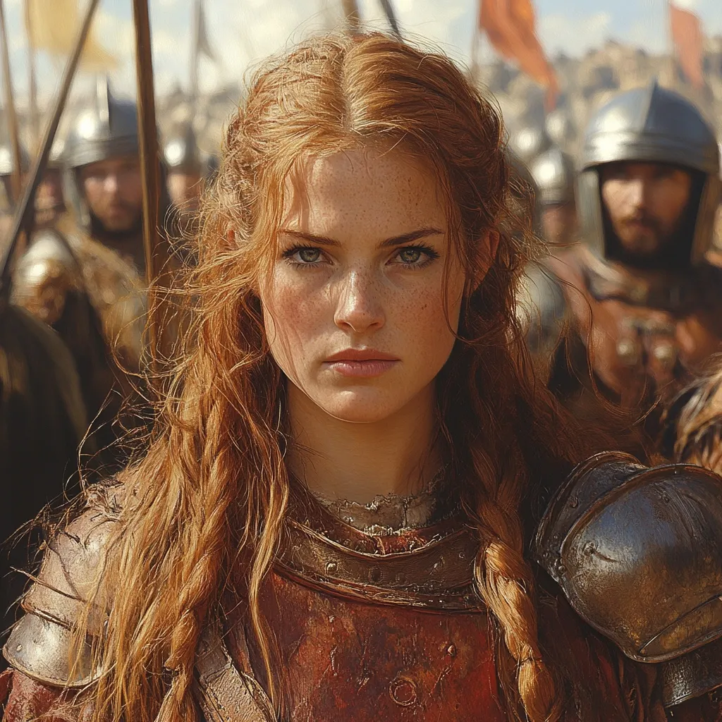 A young woman with long, red, freckled hair, styled in a loose braid, is the focus.  She wears weathered, reddish-brown armor with metallic pauldrons.  A serious expression graces her face.  In the background, blurred figures of soldiers in medieval-style helmets and armor suggest a battle scene or military setting. The overall impression is one of strength and determination.