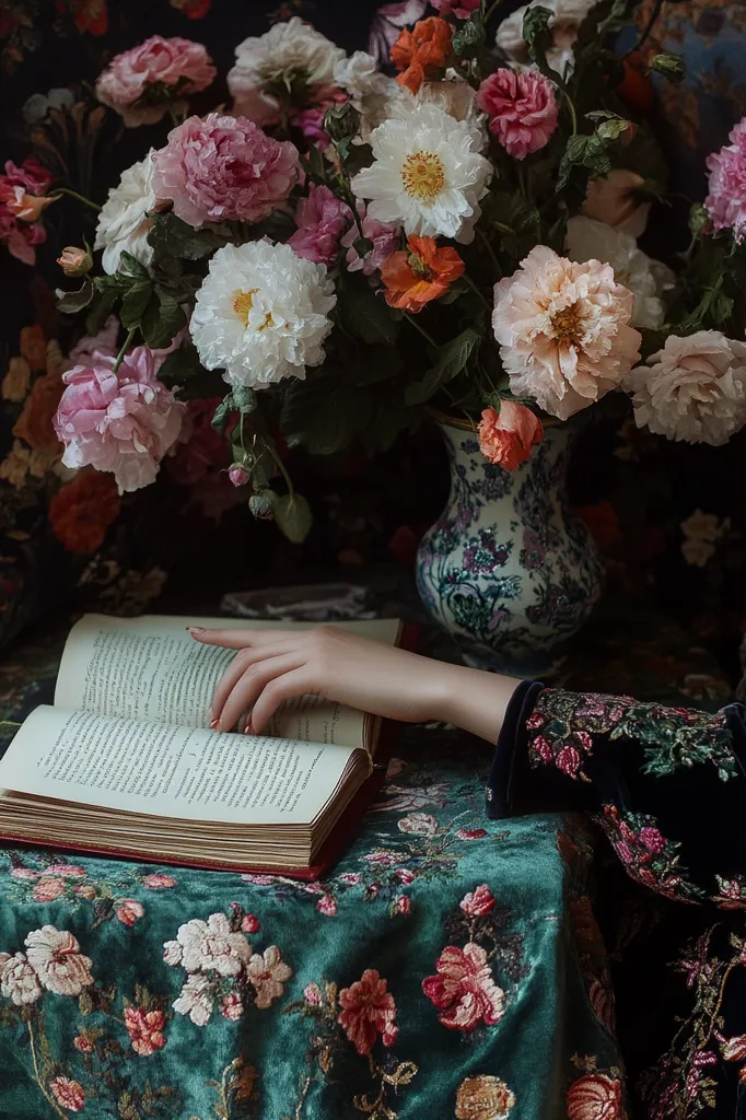 A hand gently rests on an open book, its pages filled with text.  The book sits on a richly patterned teal tablecloth. A stunning bouquet of pastel peonies, roses, and poppies in a blue and white porcelain vase dominates the background, creating a scene of elegant, quiet beauty and vintage charm. The overall mood is serene and romantic.