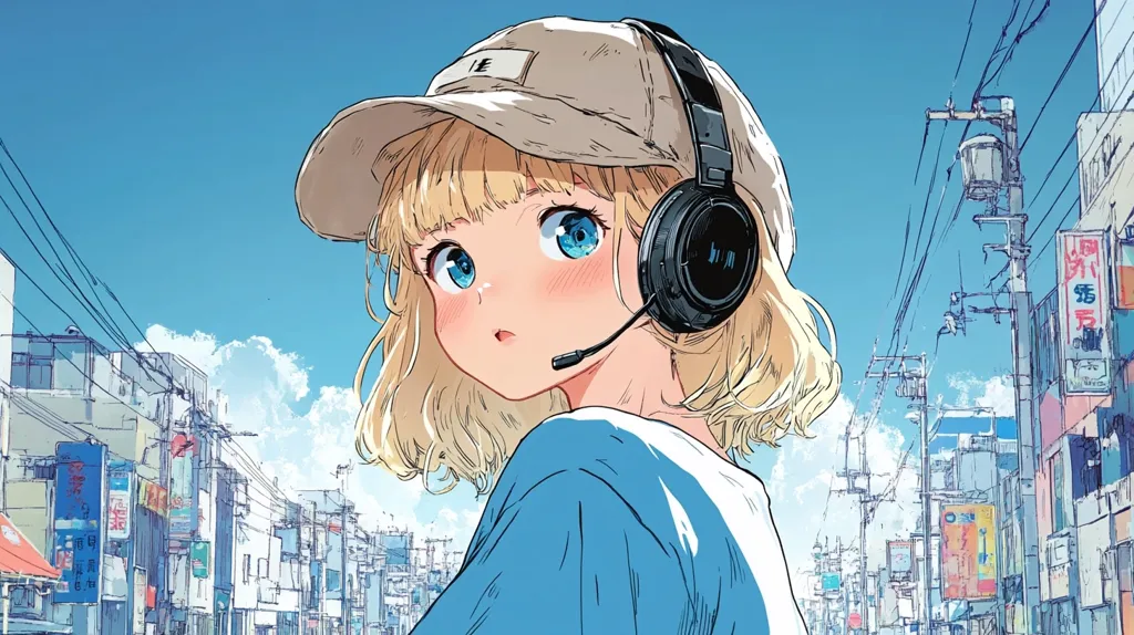 A stylized anime girl with blonde hair, wearing a beige baseball cap and black over-ear headphones, is depicted in profile. Her expression is soft, and her gaze is directed away from the viewer. The background showcases a vibrant cityscape under a bright blue sky, with buildings and electrical wires adding depth and detail to the scene.  The overall style is light, airy, and suggestive of a sunny day.