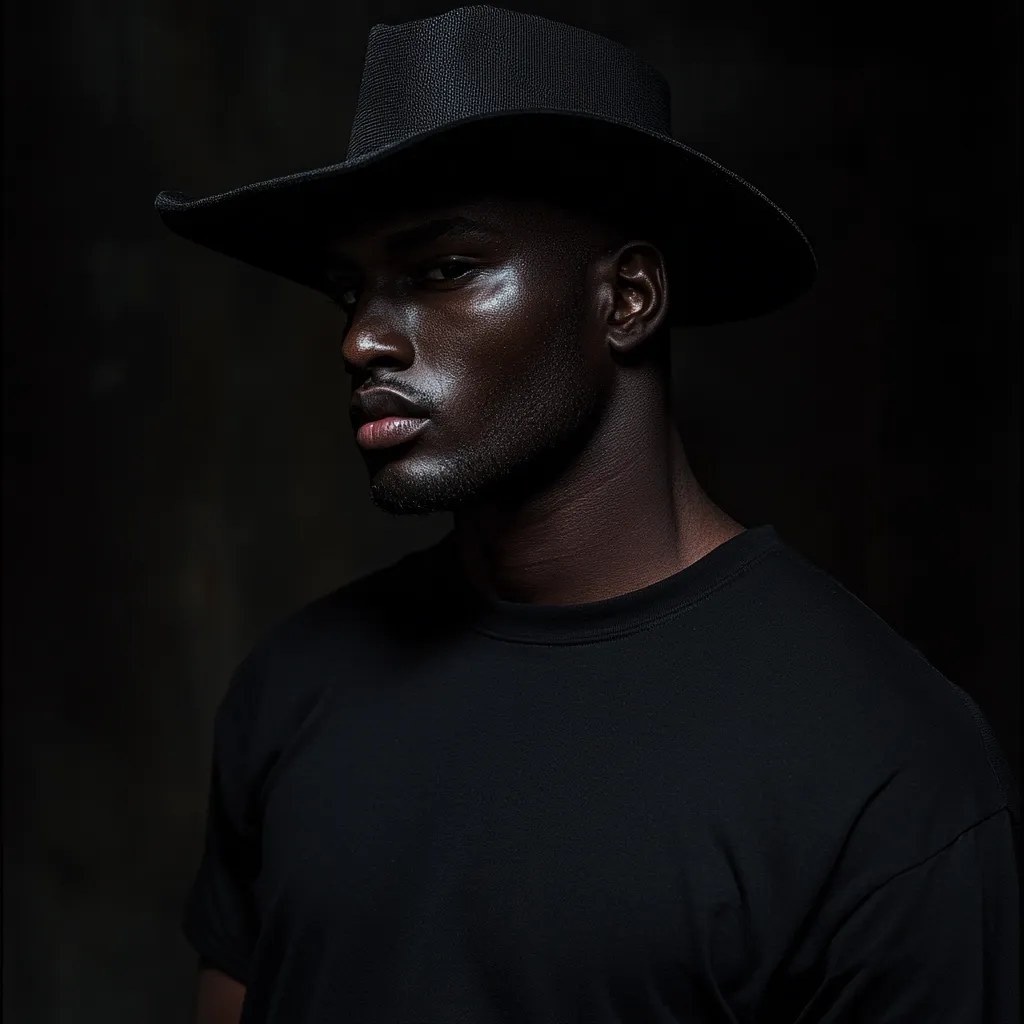 A dark-skinned man with a serious expression is the focus of a dramatic, low-key portrait.  He wears a black, wide-brimmed hat and a simple black t-shirt.  The lighting highlights his facial features and the texture of his skin, creating a strong contrast against the dark background.  The overall mood is contemplative and intense.