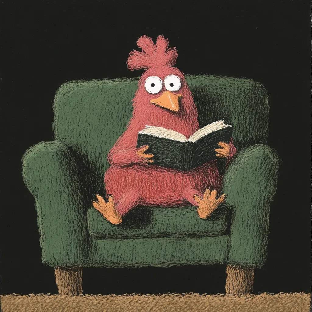 A whimsical illustration depicts a rosy-colored bird-like creature, perched in a plush green armchair.  The creature, with large, expressive eyes, is engrossed in reading a book held gently in its paws. The style is reminiscent of children's book illustrations, with a textured, slightly rough quality to the artwork. The dark background emphasizes the creature and its cozy reading spot.
