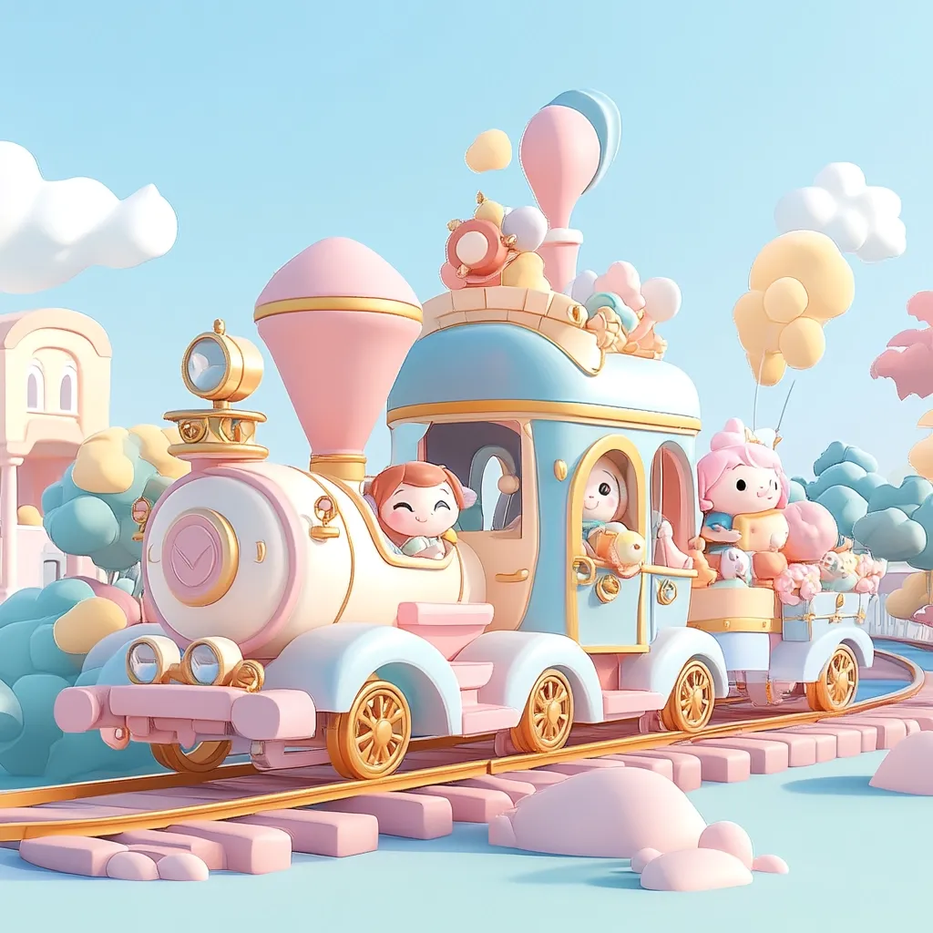 A charming pastel-colored train chugs along a track.  The engine is pink and light blue, adorned with gold detailing, and carries adorable cartoon passengers.  Balloons float above, adding to the whimsical scene.  The train's carriages are filled with cute animal and human-like figures, all enjoying a delightful journey through a sweet, dreamlike landscape.