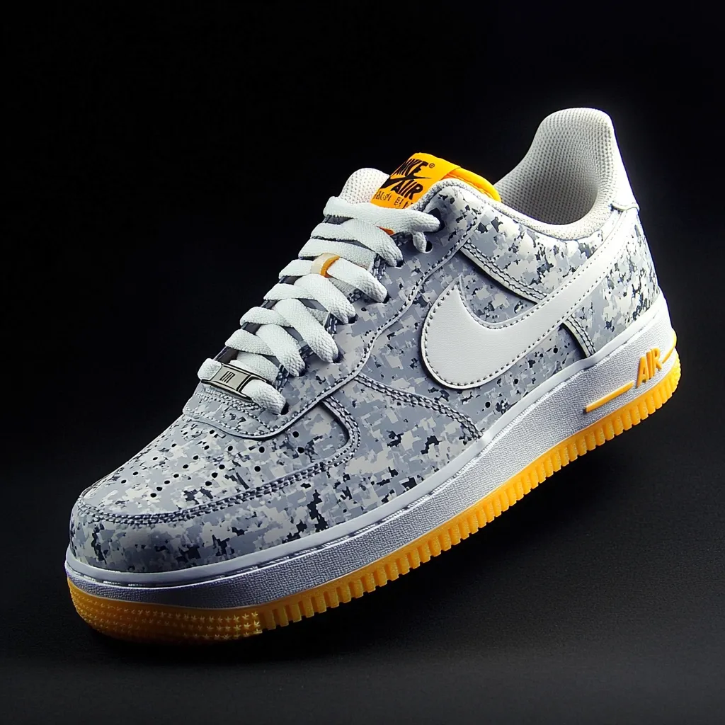 A close-up shot showcases a Nike Air Force 1 sneaker, distinguished by its grey and white camouflage pattern.  The shoe features a white Nike swoosh, white laces, and a gum-colored sole.  A small, metallic tag is visible near the laces, and subtle orange accents are present on the tongue. The background is a stark black, emphasizing the sneaker's details and texture.