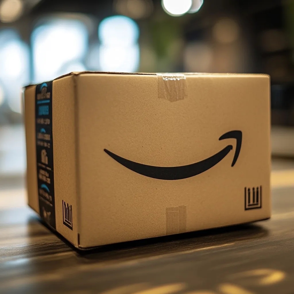 A cardboard Amazon shipping box sits on a dark wooden surface.  The iconic Amazon smile logo is prominently displayed on the box's side, along with other shipping labels and barcodes.  The background is blurred, suggesting an indoor setting. The box appears to be recently sealed, possibly awaiting shipment or delivery.