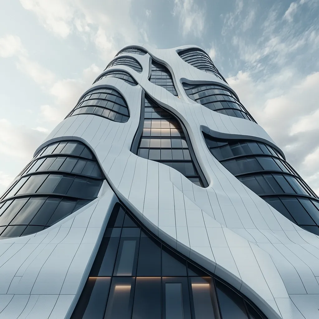 A striking modern skyscraper dominates the frame, its exterior a flowing, sculpted form of white panels and dark-tinted windows. The building's design is characterized by sinuous curves and organic shapes, creating a visually dynamic and futuristic aesthetic.  The contrast between the light facade and the dark glass is striking against a partly cloudy sky.  The overall impression is one of elegance and innovative architecture.