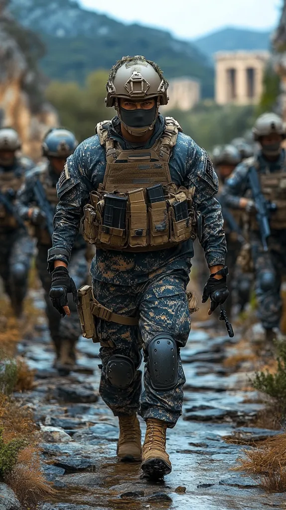 A soldier in full tactical gear, including a helmet and face mask, leads a squad through a rocky stream.  He wears camouflage fatigues and carries a weapon. The background features a mountainous landscape and hints of ancient ruins. The scene depicts a military operation in a rugged, remote environment.  The soldier's determined expression and focused stride convey a sense of purpose and readiness.