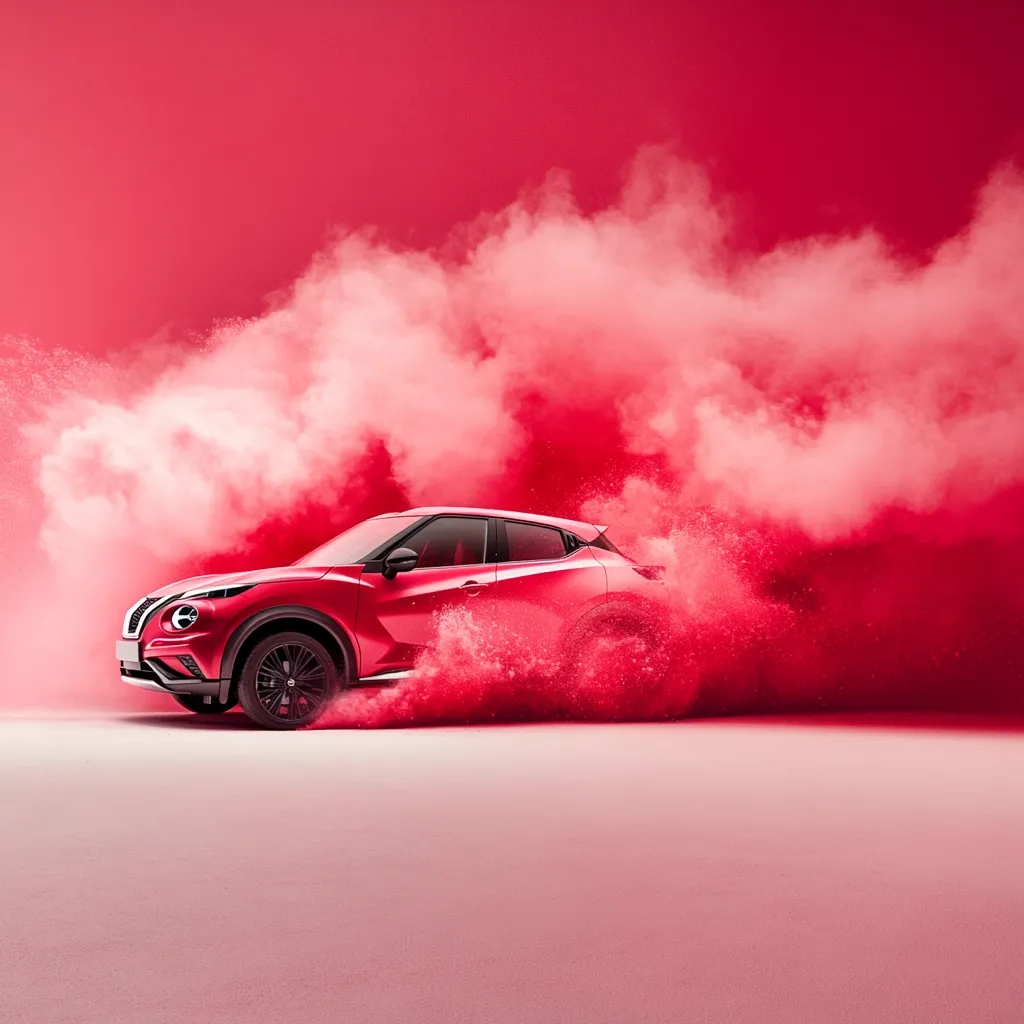 A vibrant red Nissan Kicks SUV speeds across a white surface, leaving a trail of pink smoke and dust in its wake.  The car is sharply in focus against a blurred backdrop of a matching red background. The overall image is dynamic and energetic, showcasing the vehicle's movement and power.