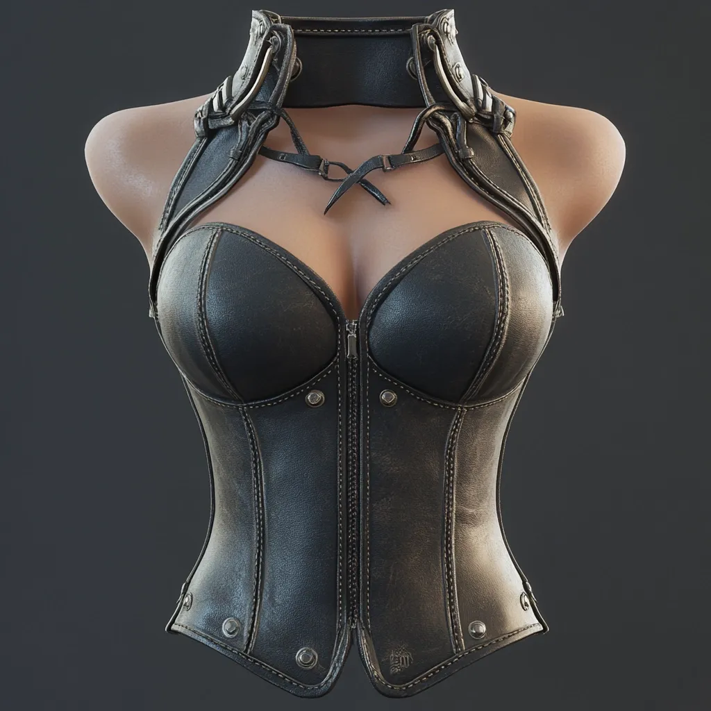 A dark, distressed leather corset is displayed on a mannequin.  The corset features a high neckline with metal accents, a zip-front closure, and a boned bodice.  The leather appears aged and textured, adding to its rugged, possibly steampunk or post-apocalyptic aesthetic. The overall design is both revealing and intricately detailed.