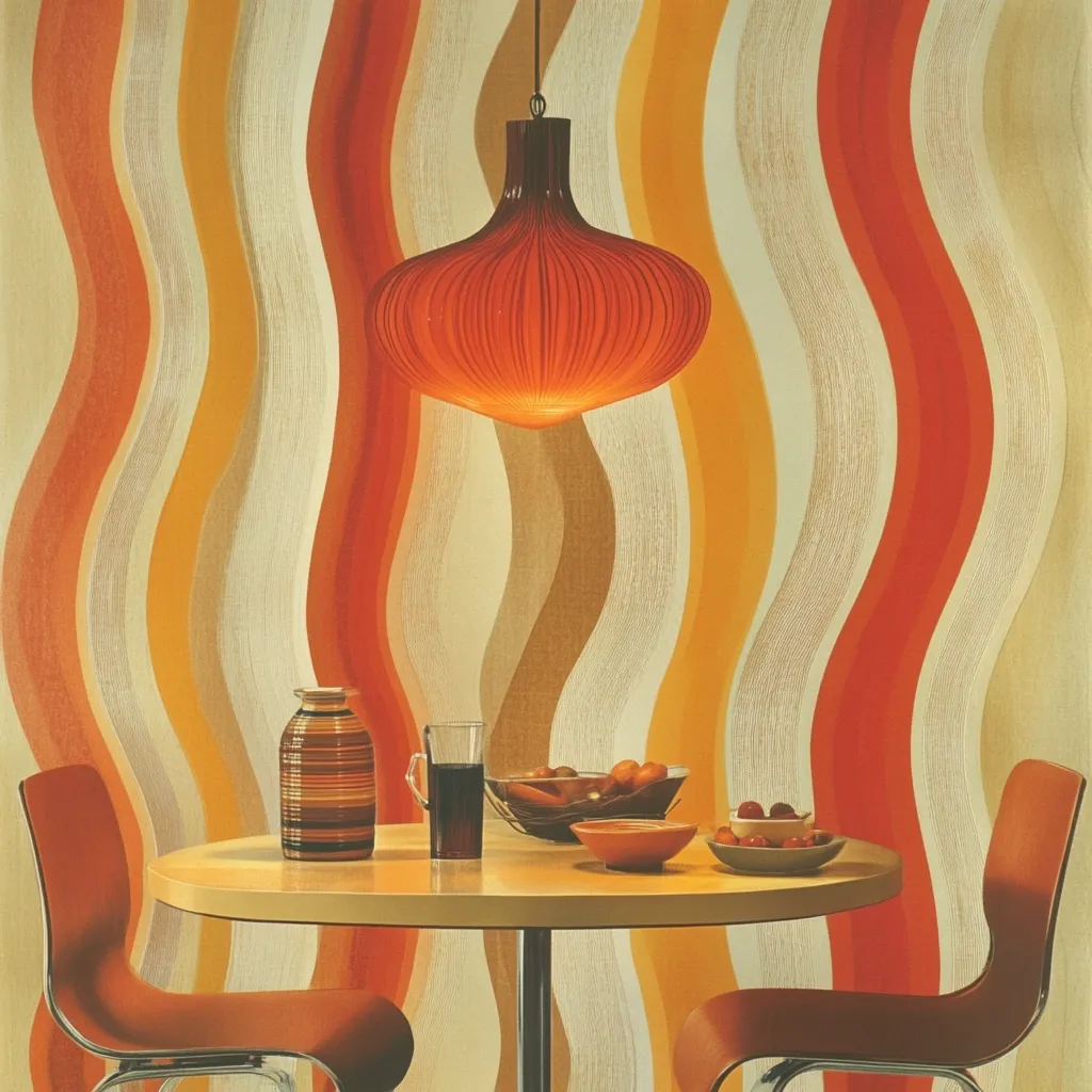 A retro dining scene features a round table set with orange chairs, a vase, glassware, and fruit bowls.  A large, orange pendant light hangs against a vibrant backdrop of wavy, textured wallpaper in shades of orange, beige, and cream. The overall aesthetic is distinctly 1970s, showcasing the era's bold color palette and design trends.