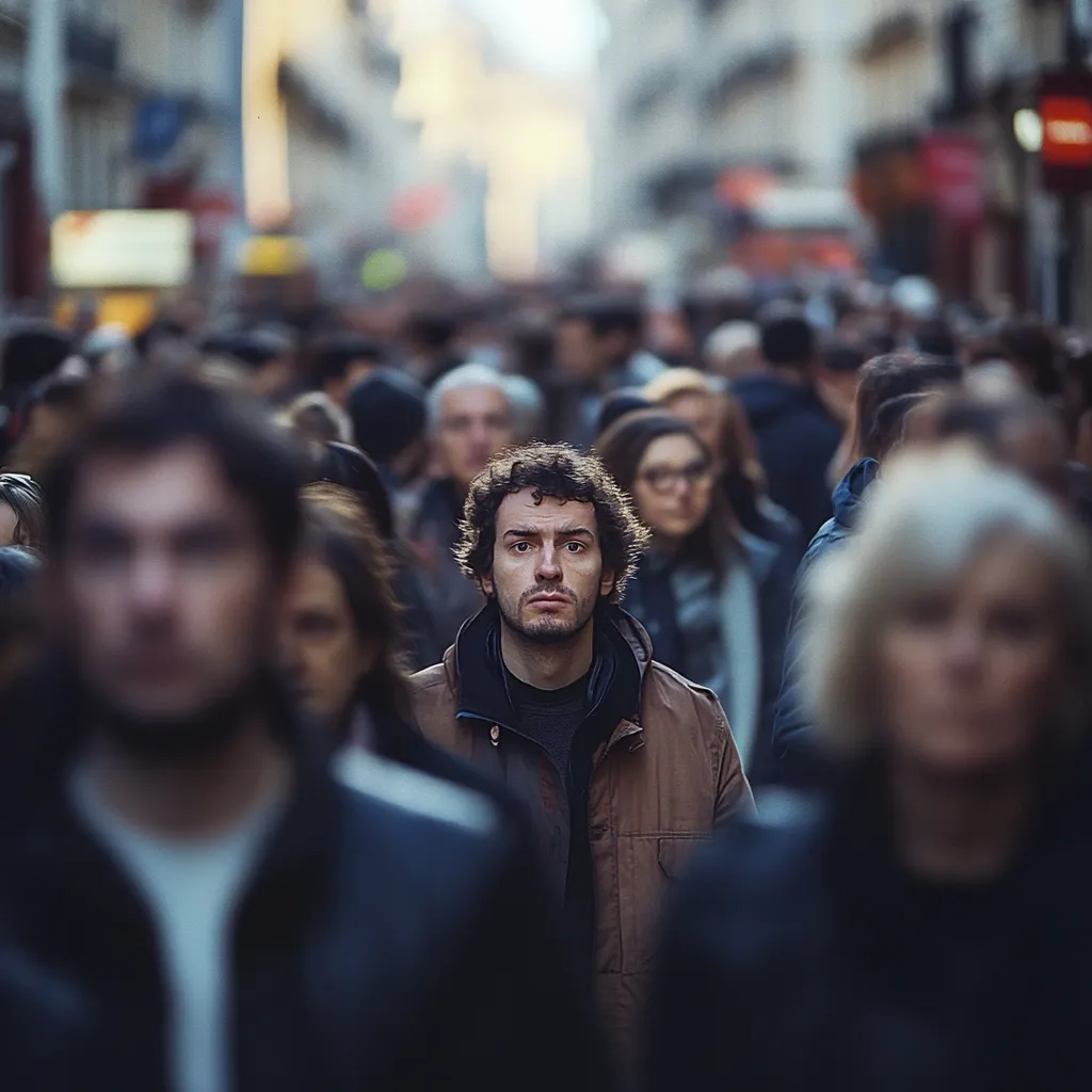 A man with dark curly hair stands out in a blurred crowd of people on a city street.  He's wearing a brown jacket and looks directly at the camera with a serious expression. The background is a busy urban scene with out-of-focus buildings and pedestrians, creating a sense of anonymity and isolation around the central figure.  The focus emphasizes his solitary presence within the dense, bustling crowd.