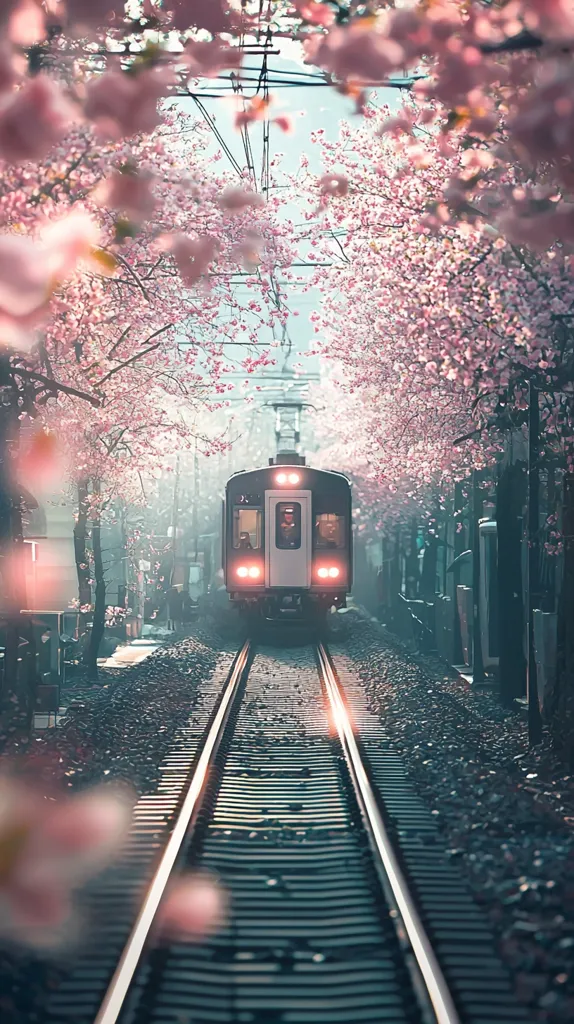 A train approaches through a tunnel of blossoming cherry trees.  Pink petals softly fall as the train travels down the railway tracks.  The scene is serene and picturesque, bathed in a soft, ethereal light. The image evokes a sense of calm and the beauty of springtime in Japan.  The train's lights are visible, adding a touch of warmth to the scene.