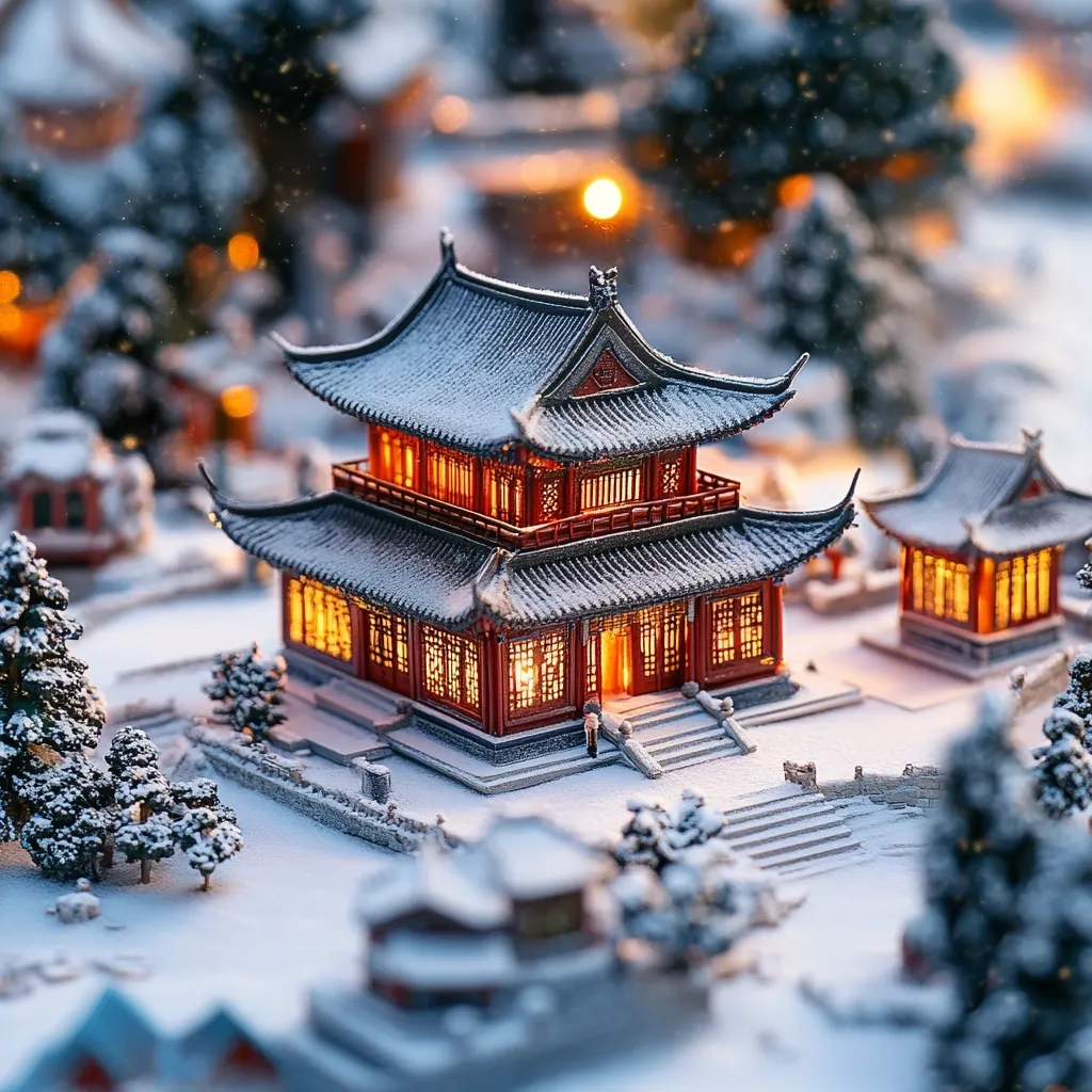 A meticulously crafted miniature Chinese village scene is depicted, blanketed in a layer of pristine snow.  A central, intricately detailed two-story pagoda, illuminated from within, stands out.  Smaller buildings and snow-dusted trees surround it, creating a charming and peaceful winter wonderland.  The scene's warm lighting contrasts beautifully with the cool tones of the snow, enhancing the overall magical atmosphere.