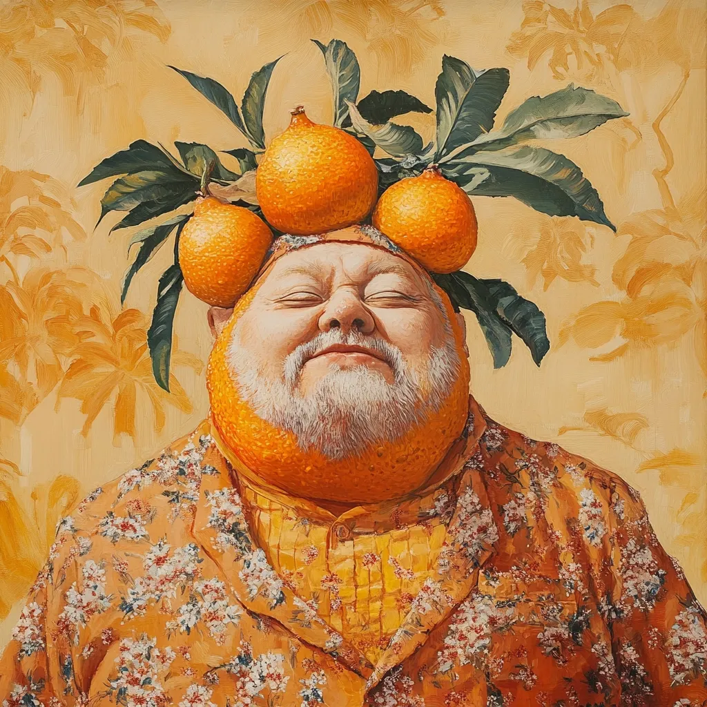 A portrait of a man with a serene expression, his face and neck transformed into a large orange.  Three smaller oranges, adorned with leaves, form a crown atop his head. He wears a floral shirt in shades of orange and yellow, matching the citrus theme. The background is a muted orange with a subtle pattern suggesting palm leaves. The overall effect is whimsical and surreal.