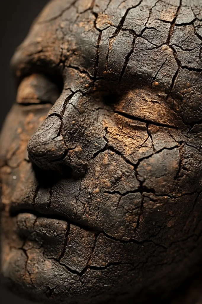 A close-up of a dark, textured face, possibly a sculpture or artistic rendering.  The surface is deeply cracked and resembles dried earth or clay, creating a sense of age, dryness, or decay.  The eyes are closed, adding to the somber and somewhat unsettling mood. The image focuses on the texture and detail of the cracked surface.