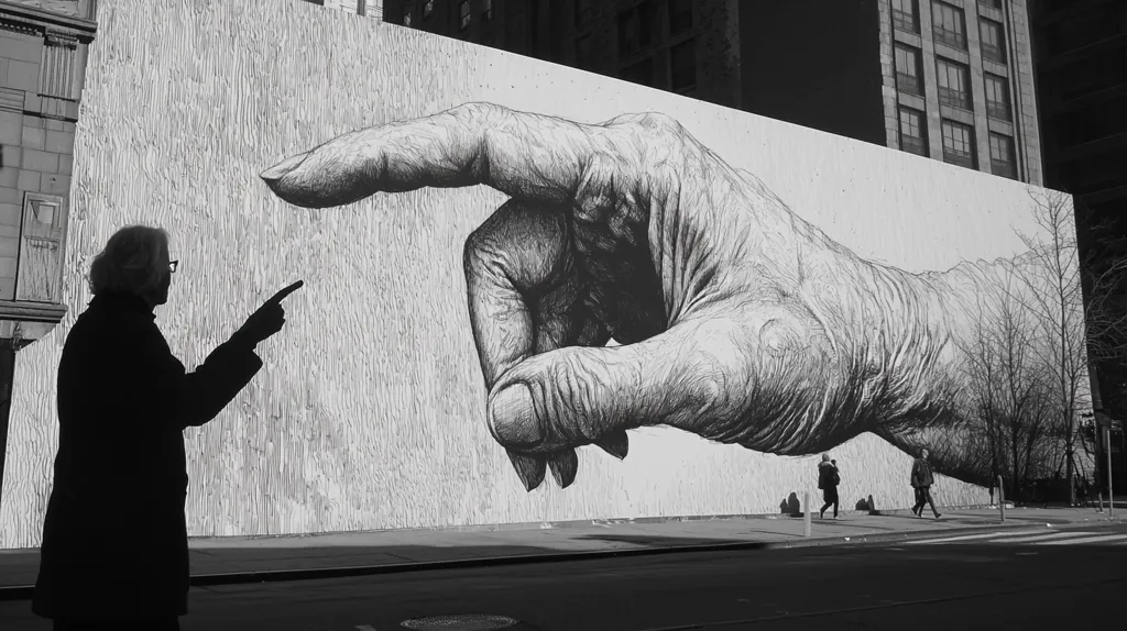 A black and white photo shows a woman silhouetted against a large mural of a hand pointing.  The woman is pointing in the same direction as the giant hand, creating a visually striking juxtaposition. The mural is detailed, depicting the texture and lines of a human hand in a realistic style.  Pedestrians are visible in the background, adding scale to the impressive artwork. The urban setting adds context to the scene.