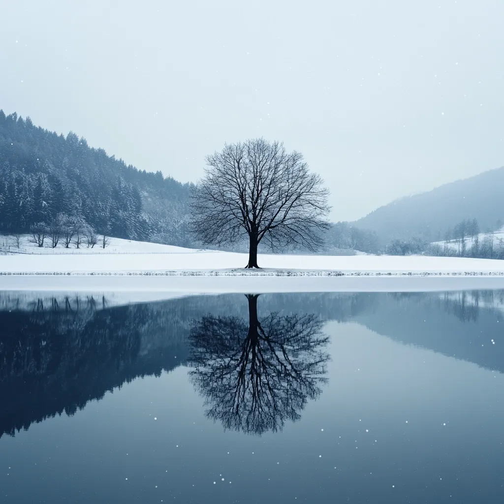 A serene winter landscape unfolds, featuring a snow-covered field, a frozen lake reflecting a leafless tree, and a snow-dusted forest in the background.  The tree stands alone, its silhouette mirrored perfectly in the still water.  A few snowflakes gently fall, adding to the tranquil atmosphere of the scene. The muted blue tones enhance the cold, peaceful beauty of the winter day.