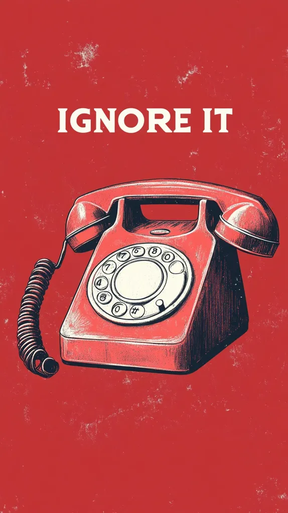 A vintage red rotary telephone is depicted against a textured red background.  The words "IGNORE IT" are prominently displayed above the phone. The image style is reminiscent of retro posters or album art, using a hand-drawn or sketched aesthetic with a distressed effect on the background. The overall mood is one of simple, impactful advice.