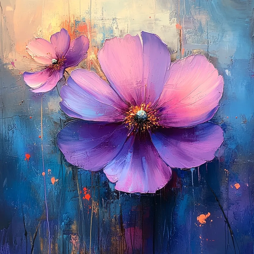 A vibrant painting showcases two large, purple flowers against a textured, dark blue background.  The larger flower dominates the foreground, its petals rendered with thick, impasto brushstrokes.  The background features a blend of blues, purples, and hints of orange, creating a dramatic contrast with the flowers' delicate hues.  The overall style is expressive and evocative of a romantic, almost dreamlike atmosphere.