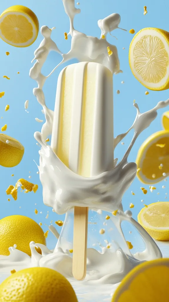 A creamy, lemon-flavored popsicle is plunged into a pool of milk, creating a vibrant splash.  Surrounding the popsicle are numerous lemon slices, adding to the refreshing summer scene. The image is bright and cheerful, emphasizing the coolness and deliciousness of the treat.  Golden flecks add a touch of sparkle to the overall composition.