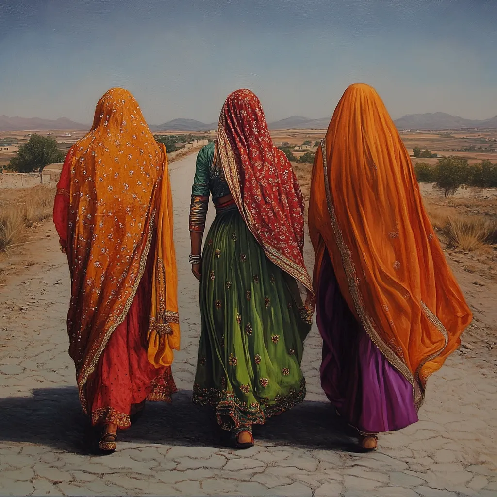 Three women, dressed in vibrant, richly embroidered saris of orange, red and green, walk away down a dusty road.  Their backs are to the viewer, their flowing garments creating a striking visual contrast against the arid landscape.  The painting evokes a sense of journey and tradition in a seemingly rural setting under a clear sky.