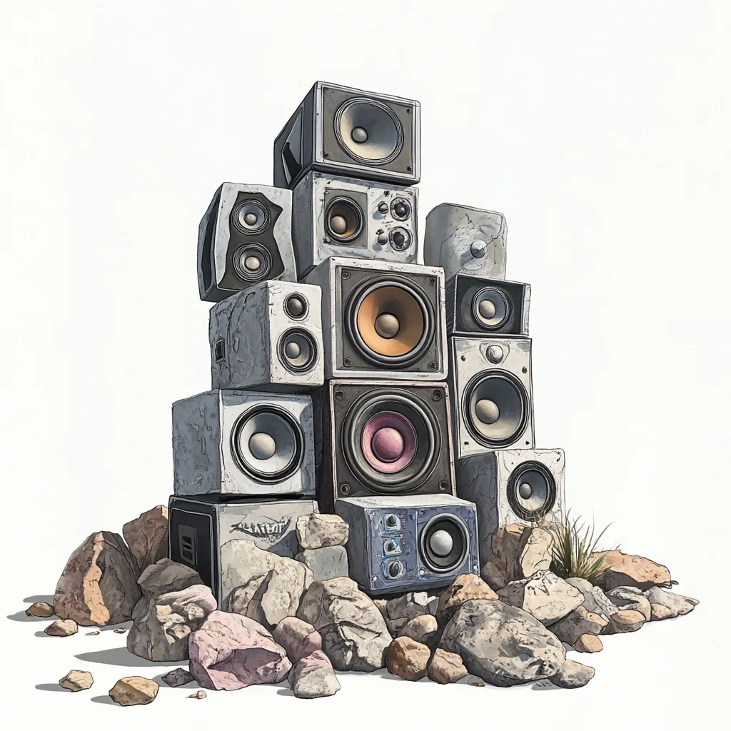 A large pile of various speakers, stacked haphazardly on a bed of rocks, creates a visually striking and artistic image. The speakers are of different shapes and sizes, suggesting a collection amassed over time.  The overall impression is one of a powerful, possibly impromptu, sound system, with a slightly worn, rugged aesthetic. The scene is set against a stark white background, emphasizing the texture and composition of the speaker pile.