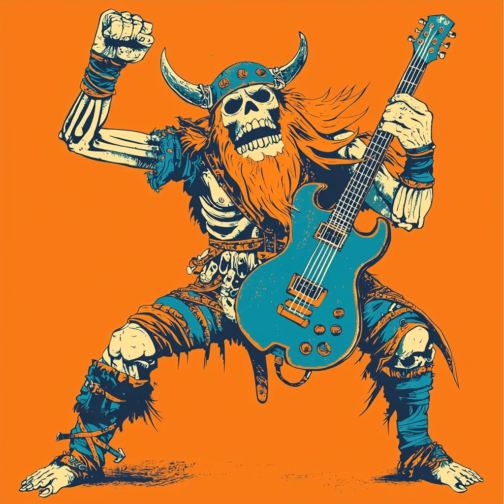 A skeletal Viking rocker, clad in tattered clothing and a horned helmet, passionately plays a teal electric guitar.  His bony fingers grip the instrument, his raised fist suggesting energetic performance.  The vibrant orange background contrasts sharply with the detailed artwork, emphasizing the character's fierce expression and powerful pose.  The image blends elements of heavy metal, Viking culture, and macabre aesthetics.