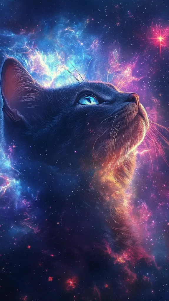 A digital artwork depicts a black cat gazing upward into a vibrant nebula.  The cat's fur seems to blend with the cosmic colors of blues, purples, and oranges, creating a surreal and ethereal image.  Stars twinkle in the background, enhancing the mystical atmosphere. The cat's bright blue eyes add a captivating focal point to the piece.