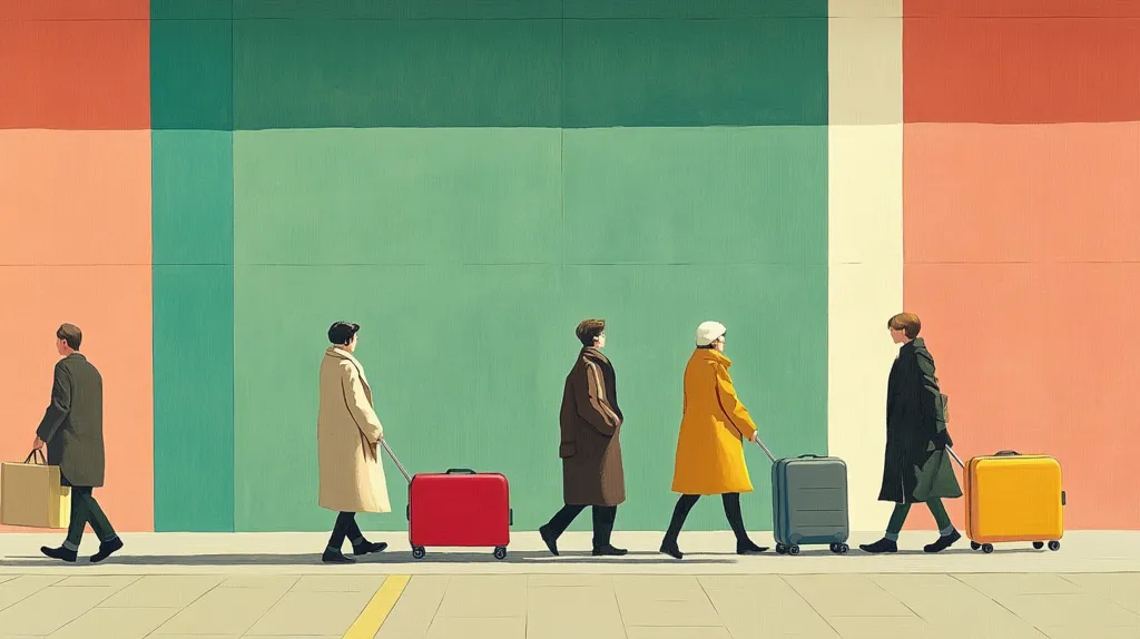 Five individuals, each pulling a suitcase, walk in a line against a wall painted in sections of coral, teal, and off-white.  The travelers are dressed in muted autumnal tones: beige, brown, and dark olive green.  Their luggage is similarly colored, in red, grey, and yellow.  The scene is minimalist and suggests a journey or departure.
