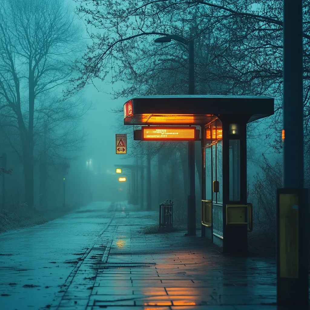 A deserted bus stop stands under a dimly lit, foggy sky. Bare trees line a wet, paved path stretching into the misty distance.  The bus shelter's illuminated sign glows warmly against the cool teal tones of the scene.  A sense of quiet solitude pervades the image, emphasizing the stillness of the early morning or late evening.  The overall mood is serene and slightly melancholic.