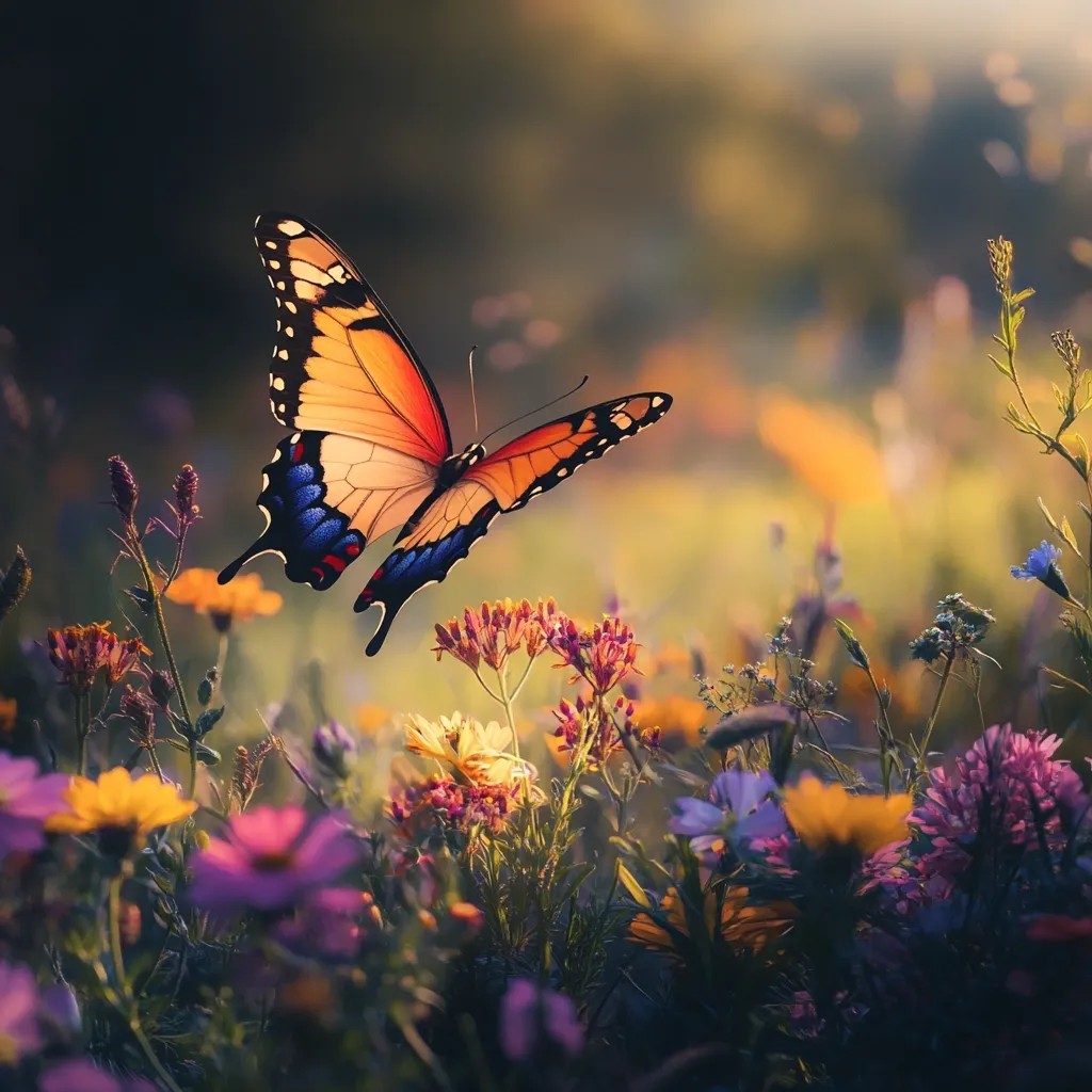 A vibrant monarch butterfly with orange and blue wings gracefully flies above a field of wildflowers.  The sunlit scene showcases a diverse array of colorful blooms in various shades of pink, purple, yellow, and orange.  The overall effect is one of idyllic natural beauty and serenity.