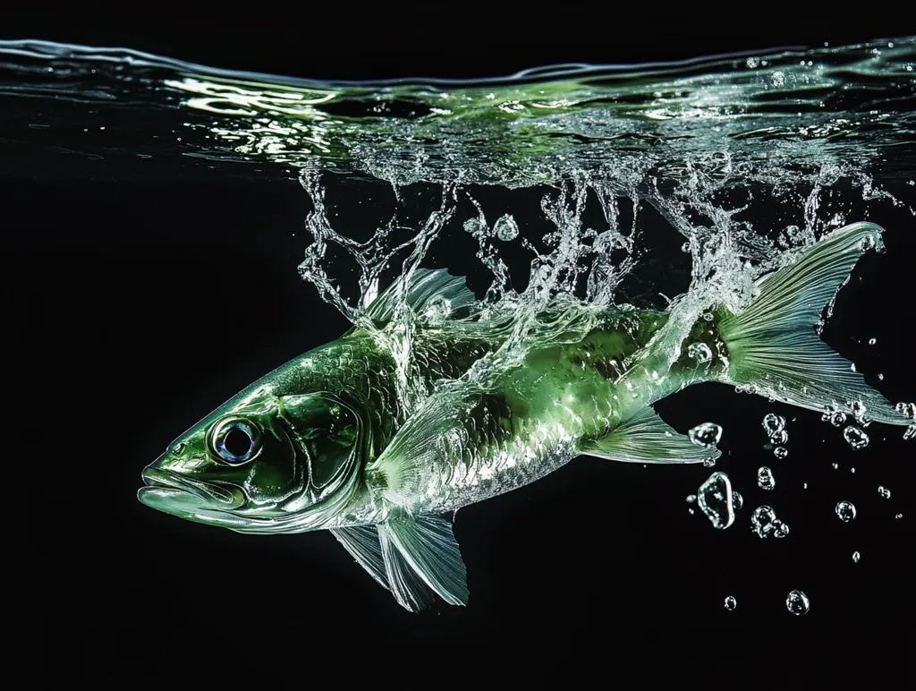 A vibrant green fish breaches the water's surface, creating a dramatic splash.  Air bubbles surround it as it leaps, its scales shimmering against the dark background. The underwater scene is sharply contrasted with the black, highlighting the fish's dynamic movement and powerful form.  The image captures a moment of intense action and aquatic energy.