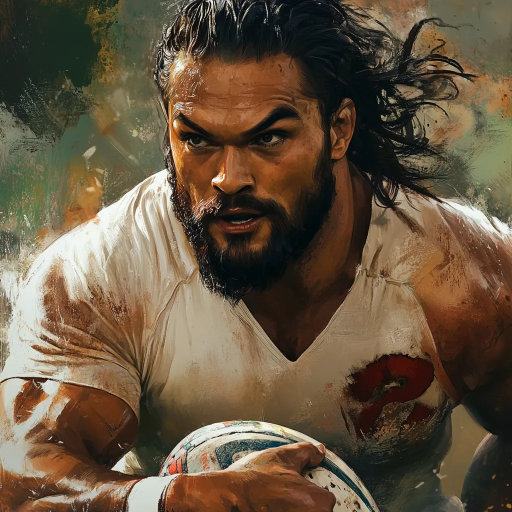 A stylized portrait of Jason Momoa, depicted as a rugby player.  He's intensely focused, his muscular physique evident under a stained, off-white jersey.  His dark hair is windblown, framing a serious expression.  He grips a rugby ball, suggesting action and power.  The painting style is dynamic, with visible brushstrokes adding texture and depth.