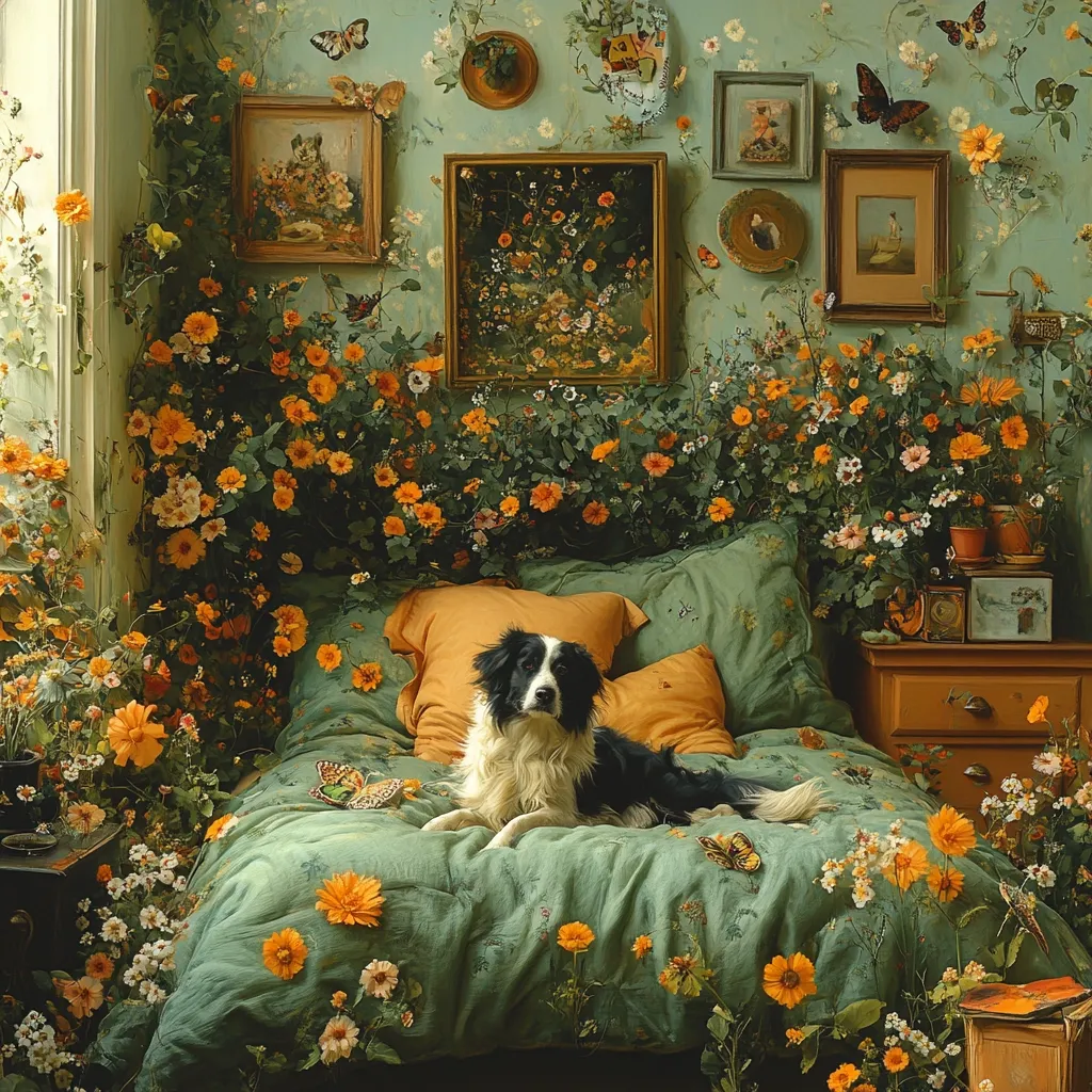 A border collie lies on a green bedspread, surrounded by a profusion of orange and yellow flowers.  The bed is nestled in a room with floral wallpaper adorned with framed pictures and butterflies.  A wooden nightstand with various items sits nearby. The overall ambiance is one of whimsical, romantic, floral abundance.