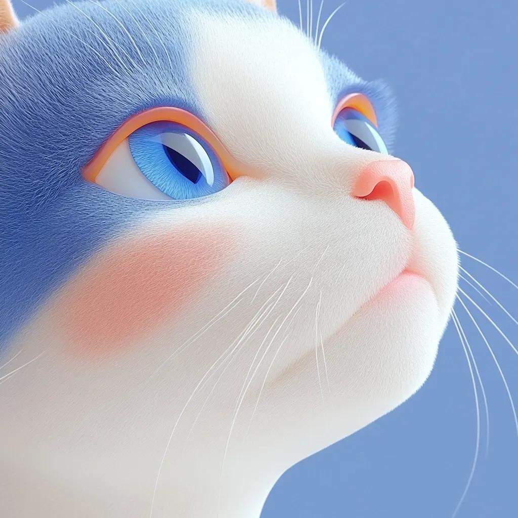Close-up of a stylized 3D rendered cat's face.  The cat has predominantly white fur with a patch of blue on its head. Its large, bright blue eyes are accentuated by orange rings around the irises.  Soft peach blush highlights its cheeks. The cat's whiskers extend outward, and its expression is serene and slightly upward-looking against a muted blue background. The fur texture is highly detailed.