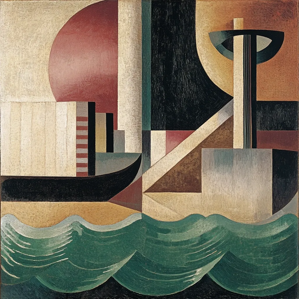 This abstract painting depicts a stylized harbor scene. Geometric shapes and muted colors represent a ship at dock, with a prominent structure possibly a pier or crane.  The water is rendered in teal waves at the bottom, contrasting with the warm tones of the land and ship above. The artist uses strong vertical and horizontal lines to create a sense of structure and depth within the composition. The overall style suggests a Cubist or Constructivist influence.