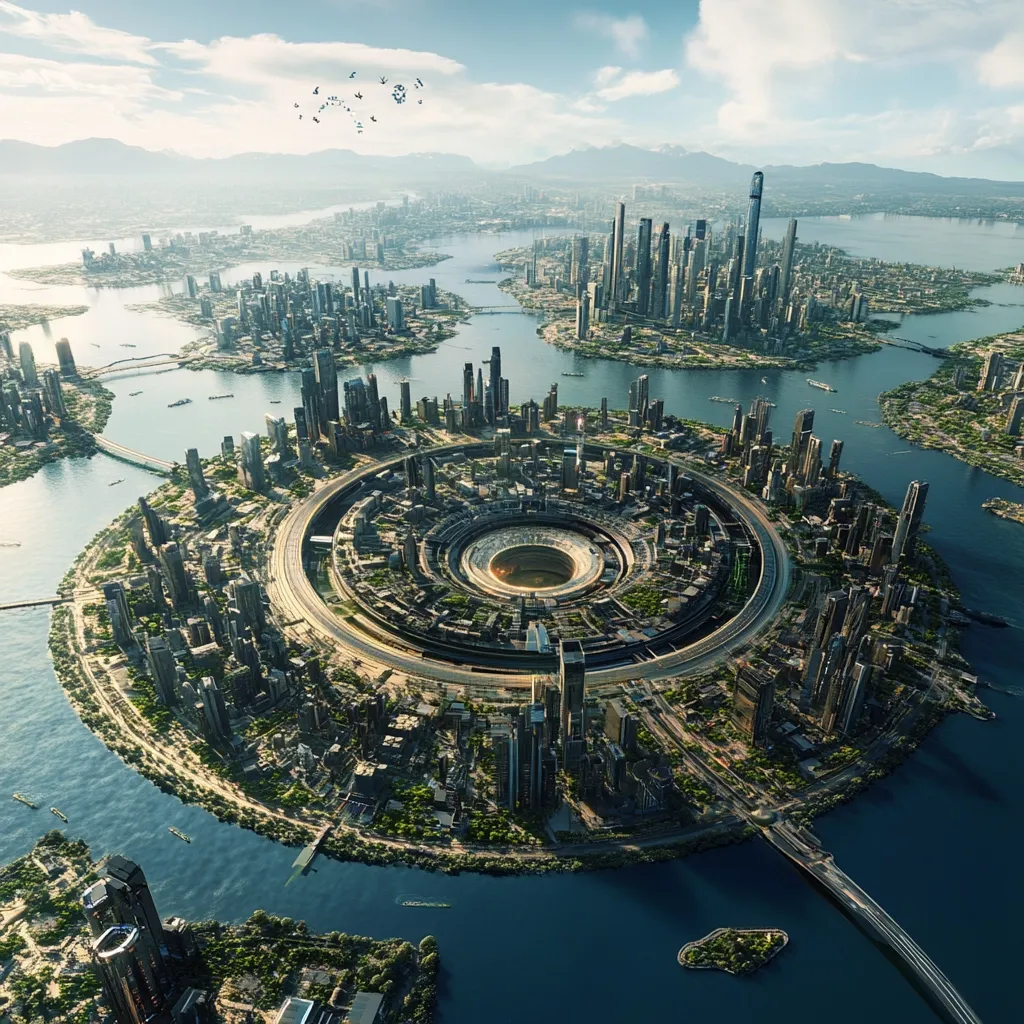 A futuristic city is depicted, situated on a large, circular island surrounded by water.  The city's design is concentric, with a central stadium-like structure and radiating roads.  Smaller islands and clusters of buildings dot the surrounding waters.  Tall, modern skyscrapers rise from the island, contrasting with the calm, blue water and distant, hazy mountains.  A flock of birds flies overhead, adding to the surreal atmosphere.