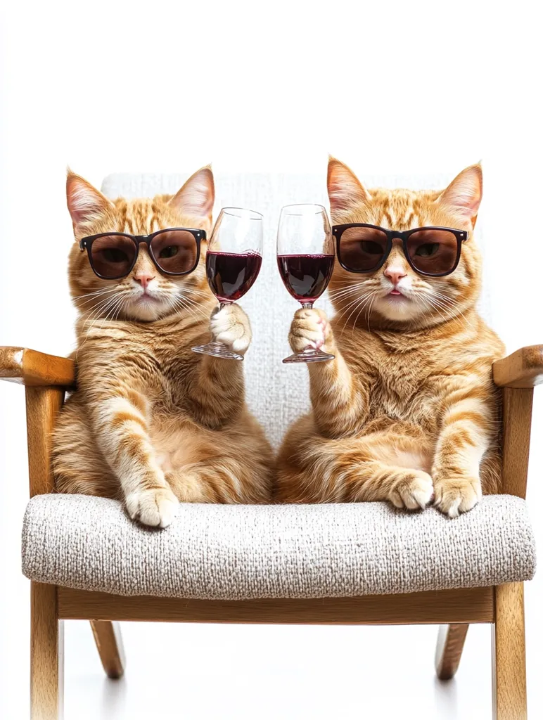 Two ginger cats, wearing sunglasses, sit side-by-side in a light-colored armchair.  Each cat delicately holds a glass of red wine.  They are posed formally, creating a humorous and sophisticated image against a white background.  The cats appear relaxed and enjoy their drinks.