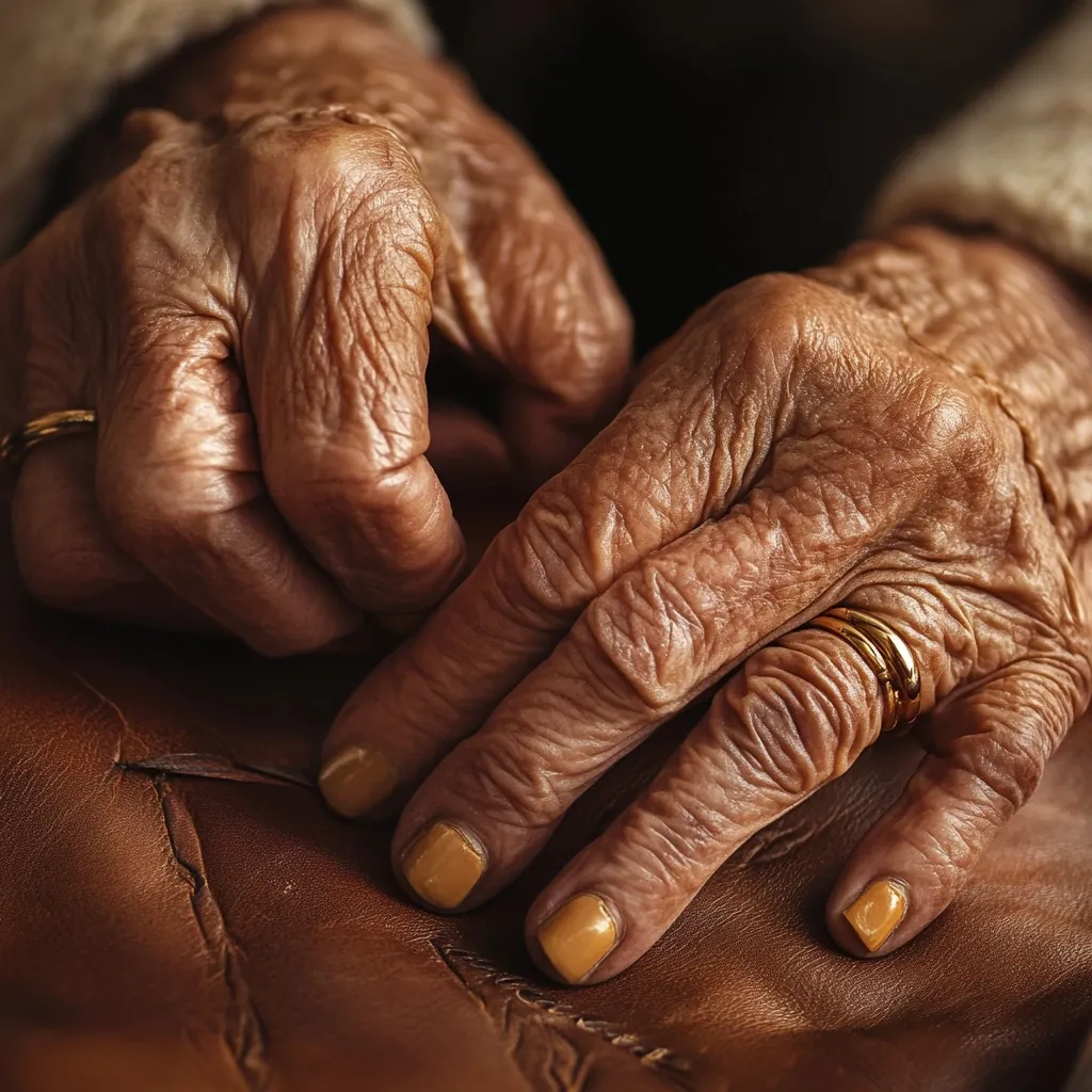 Close-up view of an elderly person's hands, deeply wrinkled and showing signs of age, delicately working on a piece of brown leather.  The hands are adorned with simple gold rings, and nails are painted a muted yellow-gold. The image conveys a sense of age, experience, and meticulous craftsmanship.