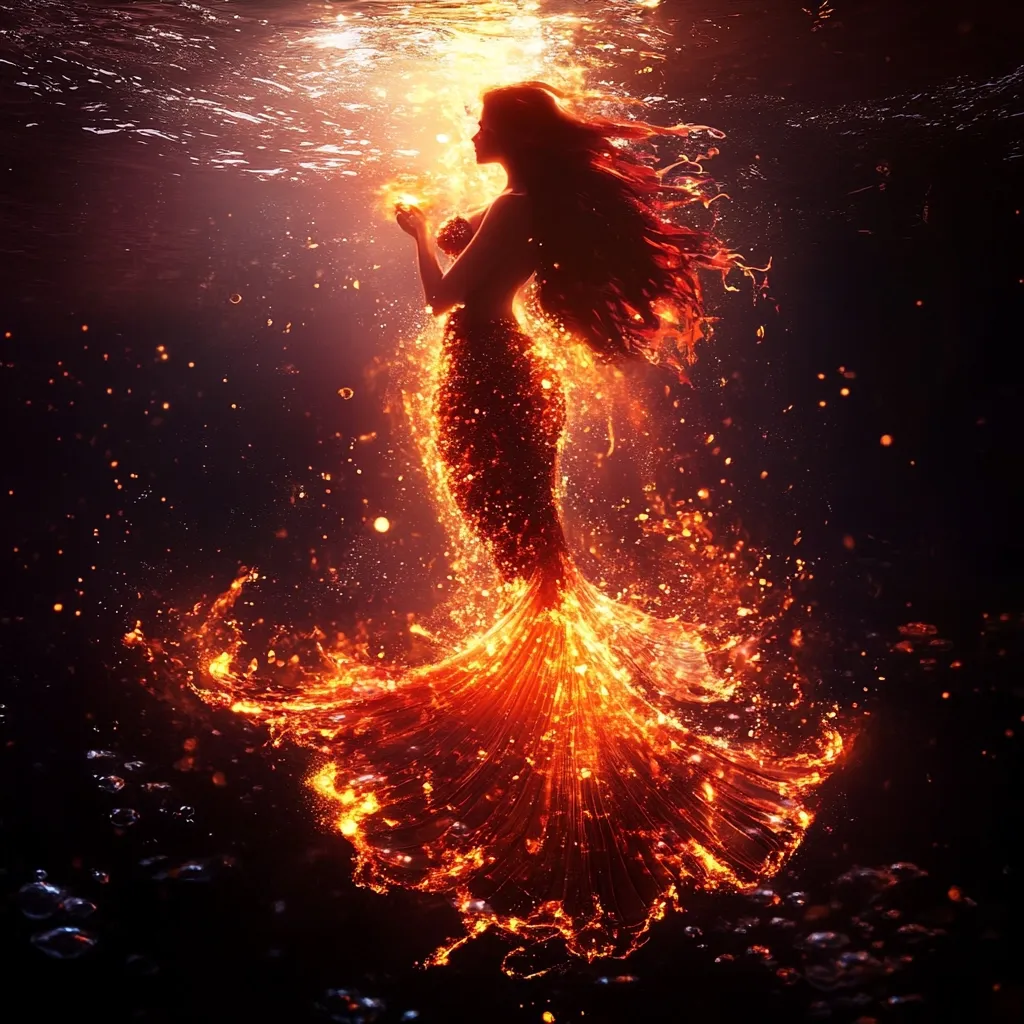 A fiery mermaid, silhouetted against a dark underwater backdrop, radiates an ethereal glow.  Her long red hair flows around her, mirroring the incandescent scales of her tail.  She holds a small object, possibly a glowing orb, in her hand, adding to the magical and otherworldly atmosphere.  The image evokes a sense of fantasy and wonder, with the fiery texture creating a visually striking effect.