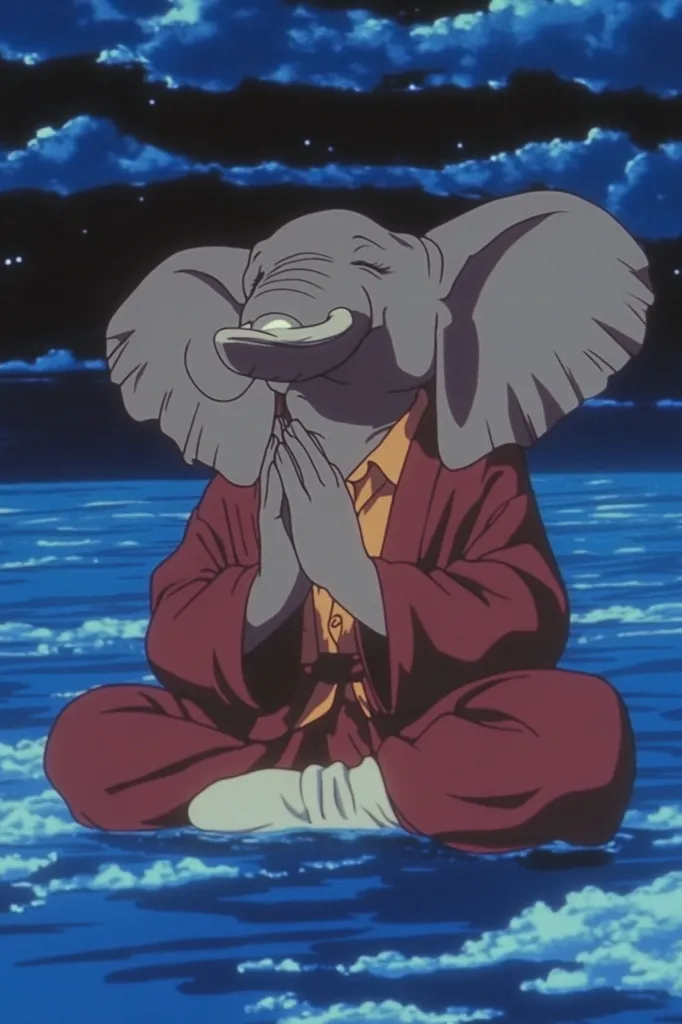 An elephant with a serene expression sits cross-legged on water under a night sky.  Wearing a maroon robe, it holds its hands together in a prayer-like gesture.  The scene is peaceful and evokes a sense of tranquility, possibly depicting a meditative or spiritual practice. The style suggests animation or fantasy art.