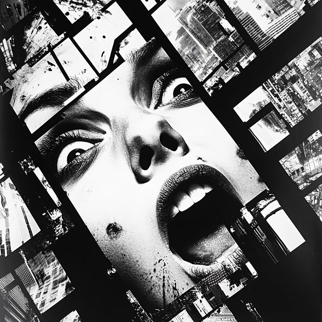 A black and white, fragmented image depicts a woman's terrified face, her mouth open in a scream.  The face is overlaid with a grid of urban cityscape images, suggesting a chaotic and overwhelming environment. The style is reminiscent of a distressed collage, with sharp black lines separating the fragmented sections. The overall effect is one of intense anxiety and urban dystopia.
