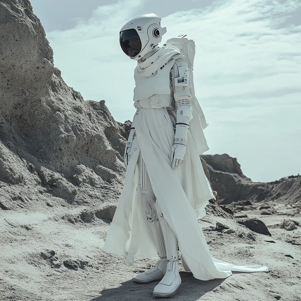 A lone astronaut, clad in a pristine white spacesuit and flowing robe, stands on a desolate, rocky landscape. The muted color palette and stark environment emphasize the astronaut's isolation.  The figure's posture suggests contemplation or a sense of quiet exploration in this alien, yet strangely serene, setting. The white suit contrasts sharply with the grey and brown hues of the barren terrain.