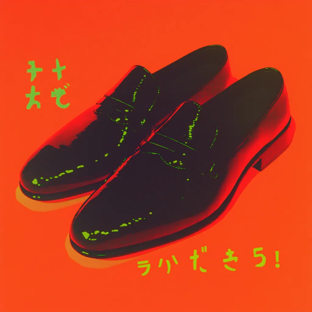 A vibrant, stylized image showcases a pair of shiny, dark-colored loafers against a bright orange backdrop.  The shoes are depicted in a high-contrast, almost neon effect. Japanese text is overlaid, adding a graphic element to the composition. The overall aesthetic is bold and visually striking, reminiscent of pop art or graphic design.