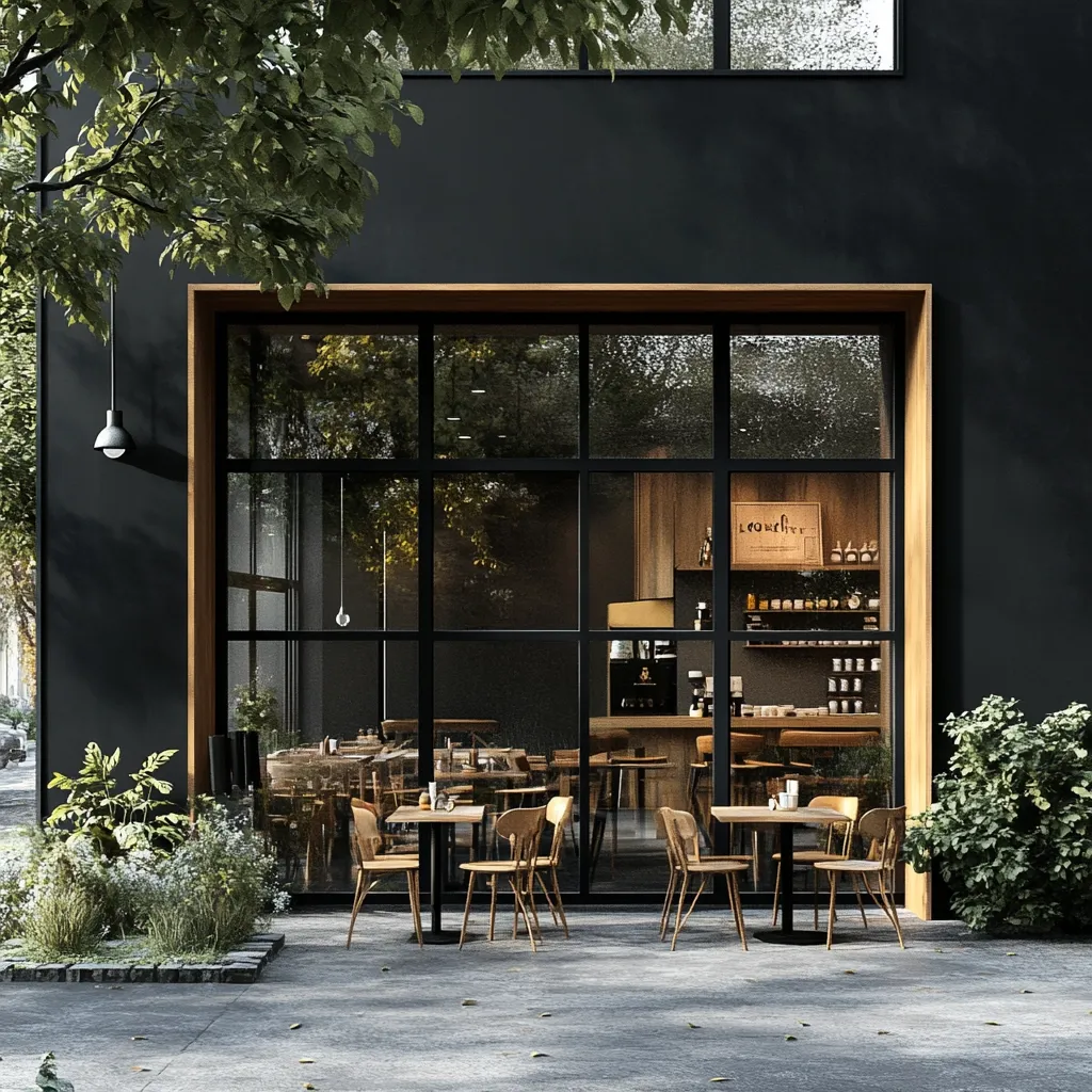 A modern café with a sleek black exterior and large, multi-paned windows showcasing its interior.  Wooden framed windows and light wood furniture create a warm contrast against the dark walls. Outdoor seating is arranged on a paved patio, partially shaded by overhanging trees and bordering greenery. The café's interior is visible, hinting at a minimalist design with a coffee bar and shelving. The overall aesthetic is stylish and inviting.