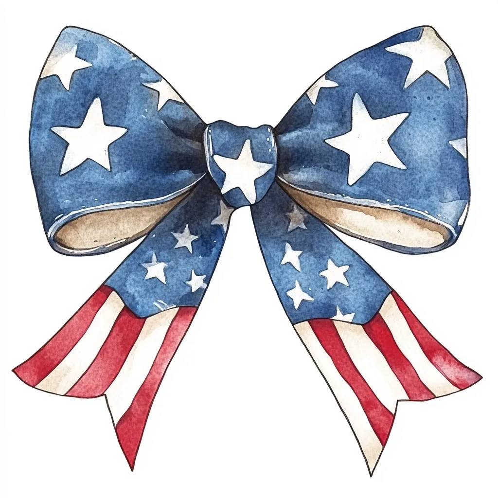 A watercolor illustration of a patriotic bow.  The bow is predominantly blue with white stars, mimicking the American flag.  The tails of the bow are red and white striped, completing the flag motif.  It's a festive design perfect for Independence Day or other patriotic celebrations. The style is charming and slightly rustic.