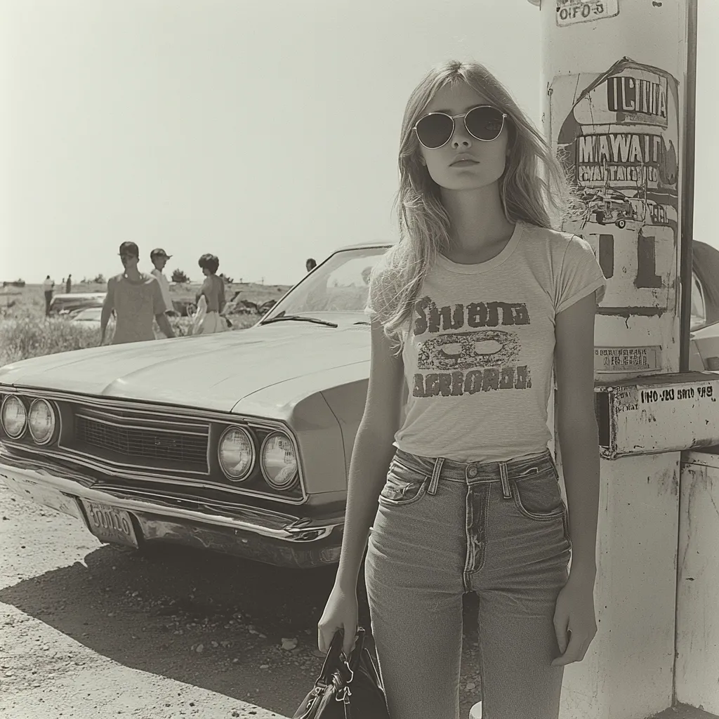A young woman in bell-bottom jeans and a vintage "Shuerta Aerodrome" t-shirt stands beside a classic car in a black and white photograph.  She wears sunglasses and carries a handbag.  In the background, several people are visible in a deserted landscape. The scene evokes a 1970s aesthetic. A weathered gas station pole is partially visible behind her.