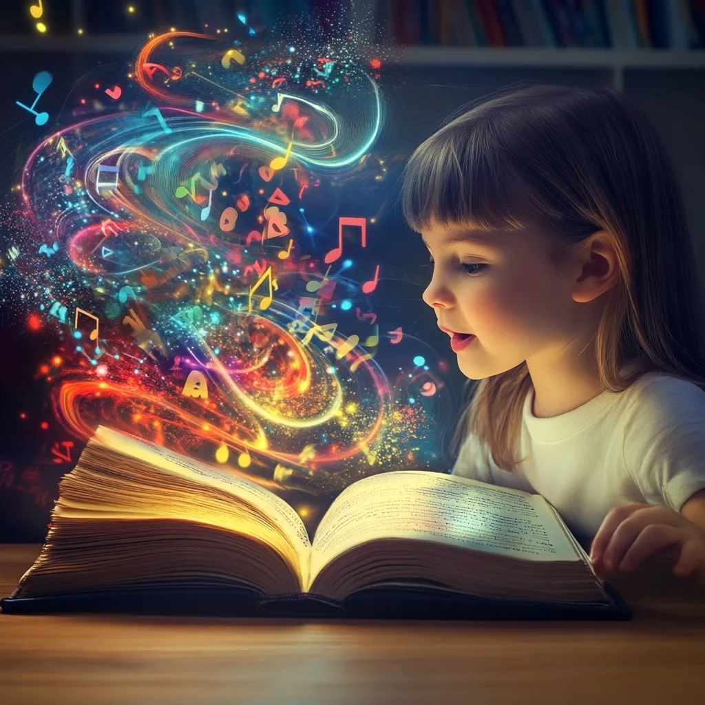 A young girl gazes in wonder at an open book emitting a vibrant, swirling spectacle of colorful musical notes.  The magical scene is filled with light and energy, suggesting the book's enchanting power. The girl's expression is one of awe and fascination, highlighting the immersive experience of reading.  The image evokes a sense of childlike imagination and the joy of storytelling.
