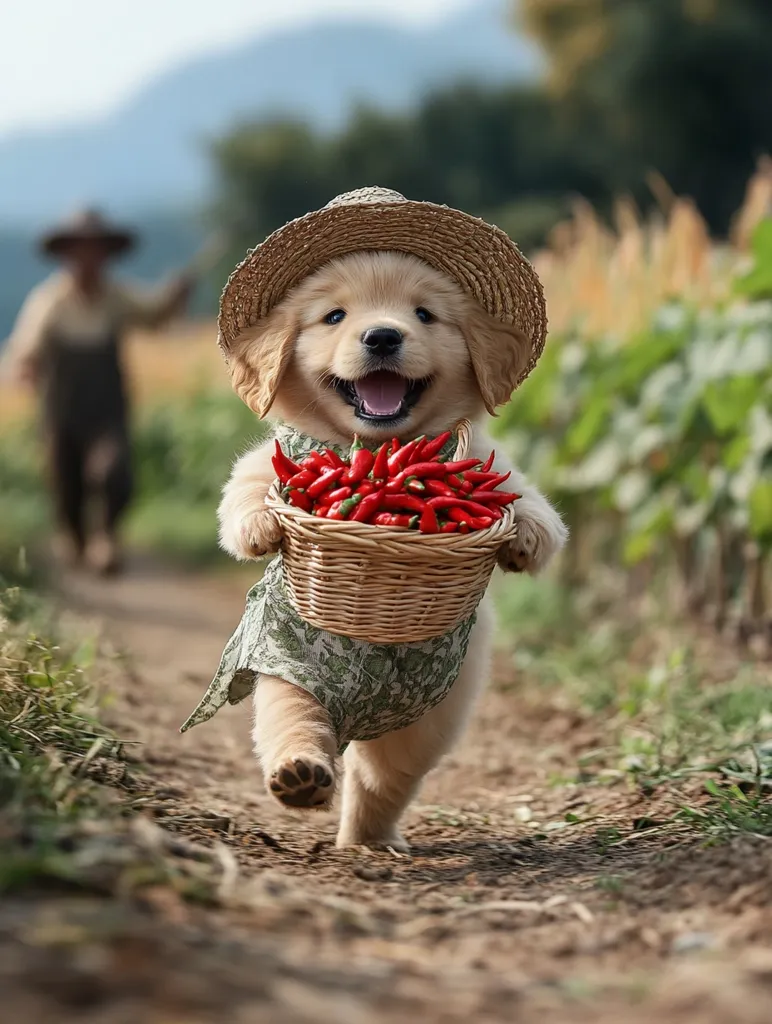 A Golden Retriever puppy, wearing a straw hat and a green dress, happily carries a basket overflowing with red chili peppers down a dirt path.  A blurred figure of a farmer is visible in the background, suggesting a rural setting. The puppy's joyful expression and the vibrant colors create a charming and heartwarming scene.