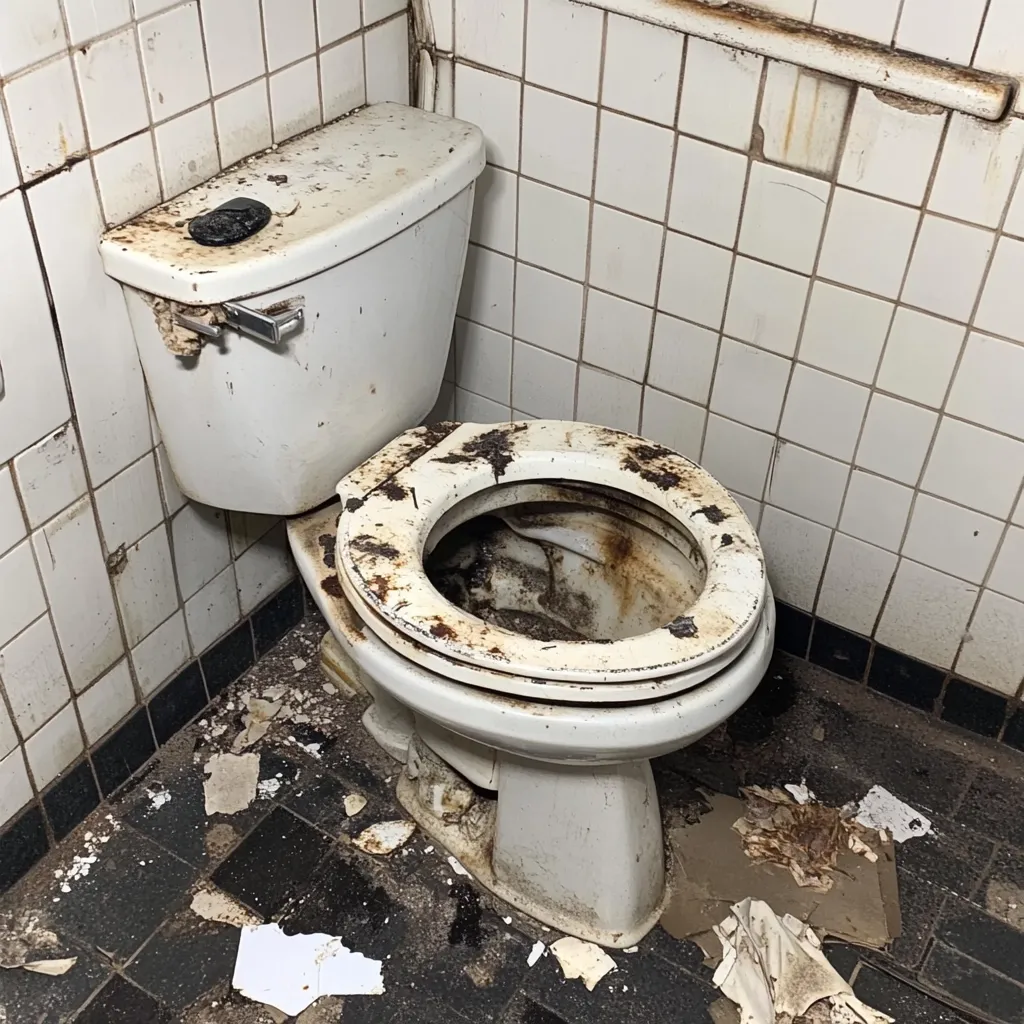 A severely neglected and dirty toilet is shown in the image.  The toilet bowl and seat are heavily stained with rust and grime. The surrounding floor is also littered with debris and peeling paint, indicating significant disrepair and lack of maintenance. The overall condition suggests abandonment or extreme neglect.