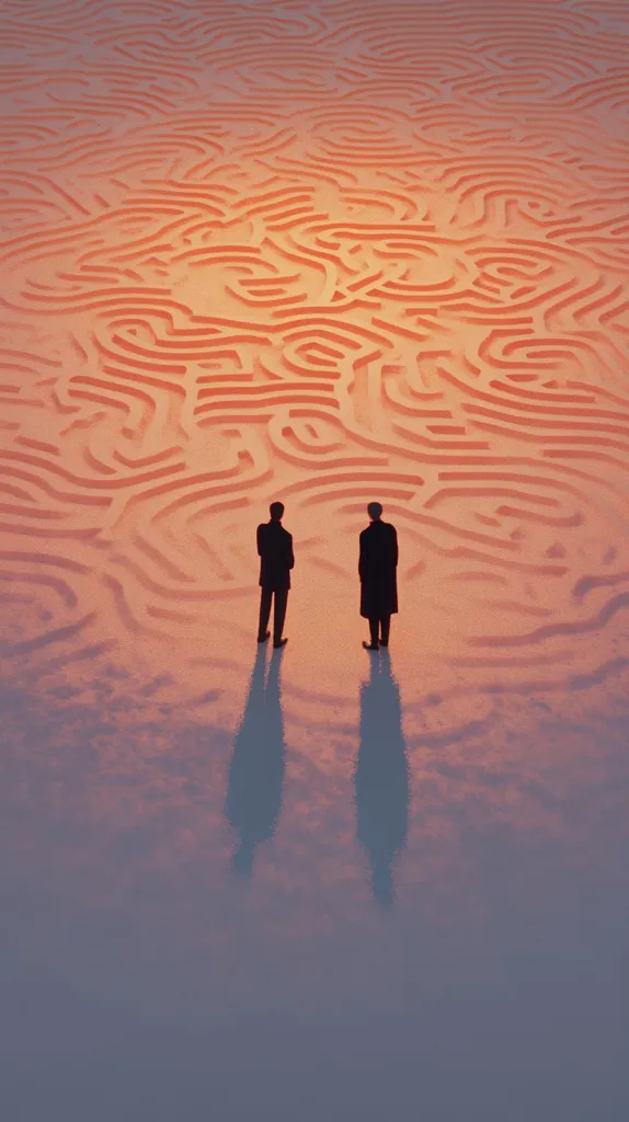 Two silhouetted figures stand before a vast, orange maze etched into the ground.  The maze's intricate pathways stretch to the horizon under a dusky sky.  The men's dark forms contrast sharply against the warm tones, creating a sense of contemplation and the potential complexities of choices ahead. Their shadows stretch out behind them, mirroring their stillness.